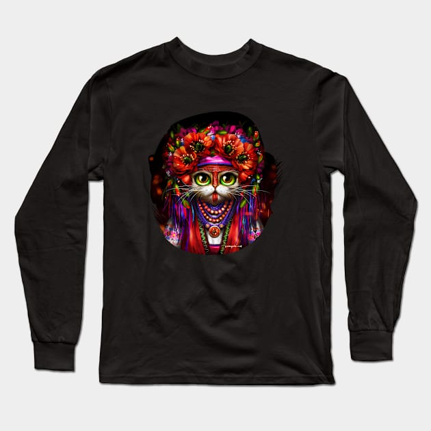 A Ukrainian cat Motanka in folk costume with a wreath of flowers on her head Long Sleeve T-Shirt by Marysha_art